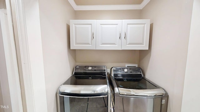 112 Salmon River Dr, Durham, NC 27705 - laundry room with cabinet space, washer and dryer, and crown molding