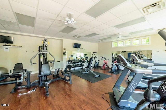 112 Salmon River Dr, Durham, NC 27705 - exercise room featuring ceiling fan, wood finished floors, and a paneled ceiling