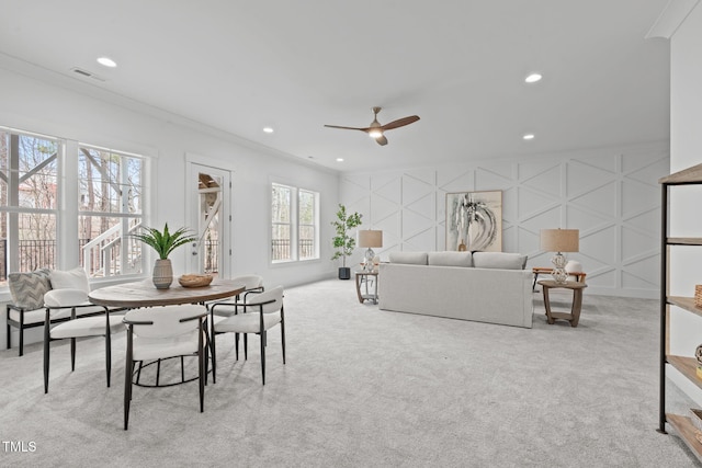 116 Pointe Park Cir, Holly Springs, NC 27540 - living room with light carpet, ceiling fan, ornamental molding, and recessed lighting
