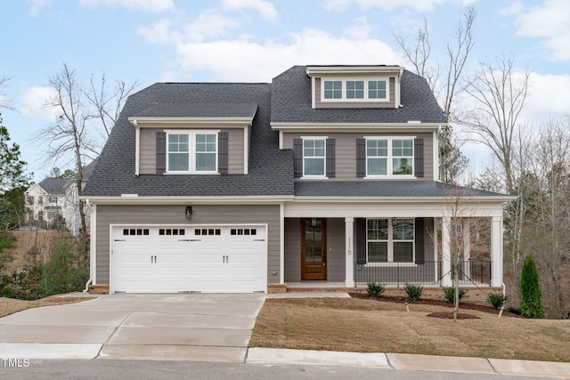 116 Pointe Park Cir, Holly Springs, NC 27540 - view of front of house featuring a porch, driveway, a shingled roof, and an attached garage