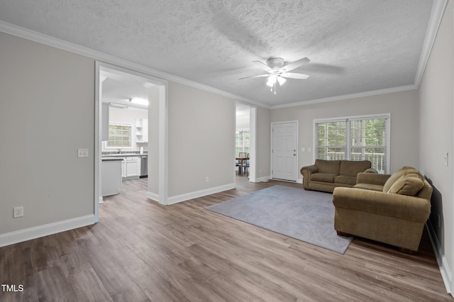 116 Justice St, Chapel Hill, NC 27516 - living area featuring ceiling fan, wood finished floors, plenty of natural light, crown molding, and a textured ceiling