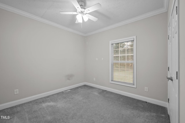 116 Justice St, Chapel Hill, NC 27516 - empty room featuring a ceiling fan, crown molding, carpet flooring, and a textured ceiling