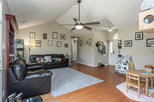 109 Hayes Ct, Raeford, NC 28376 - living area featuring ceiling fan, wood finished floors, a textured ceiling, and vaulted ceiling