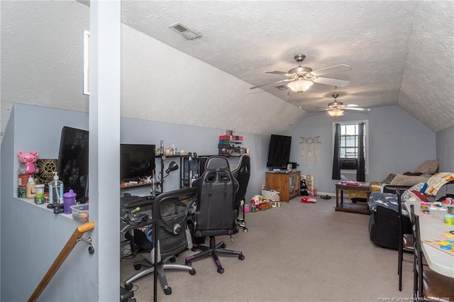 109 Hayes Ct, Raeford, NC 28376 - home office featuring a ceiling fan, a textured ceiling, carpet floors, and vaulted ceiling