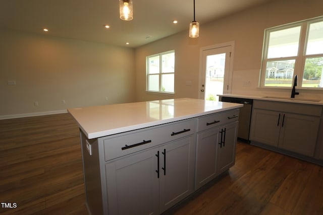 1218 Tredenham Way, Durham, NC 27703 - kitchen with stainless steel dishwasher, plenty of natural light, dark wood-type flooring, and recessed lighting