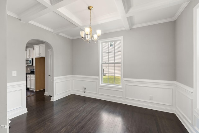 3401 Grosbeak Way, Raleigh, NC 27616 - unfurnished room with coffered ceiling, a chandelier, dark wood-style floors, beam ceiling, and arched walkways