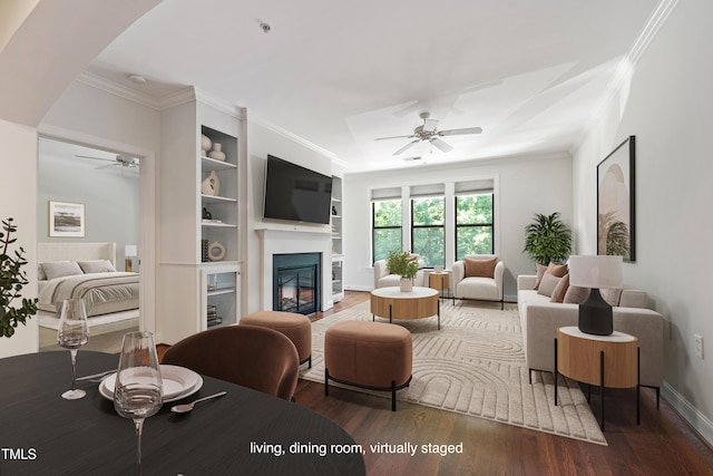 7250 NC-751 Hwy Unit 2204, Durham, NC 27707 - living room with a ceiling fan, crown molding, and wood finished floors