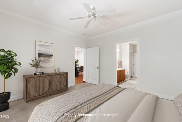 7250 NC-751 Hwy Unit 2204, Durham, NC 27707 - bedroom featuring light carpet, ornamental molding, connected bathroom, and a ceiling fan