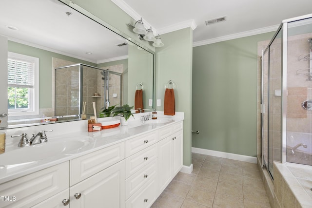 204 Towne Ridge Ln, Chapel Hill, NC 27516 - full bath with a shower stall, double vanity, crown molding, and tile patterned flooring