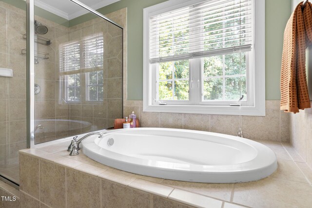 204 Towne Ridge Ln, Chapel Hill, NC 27516 - full bathroom featuring a garden tub, ornamental molding, and a stall shower