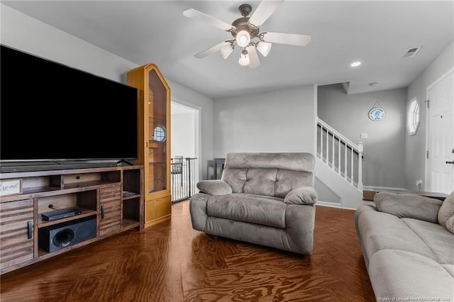 1921 Yellowbrick Rd, Fayetteville, NC 28314 - living area with ceiling fan, stairway, and recessed lighting