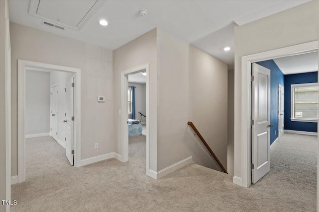 824 Stanly House St, Wake Forest, NC 27587 - hall with an upstairs landing, carpet floors, attic access, and recessed lighting