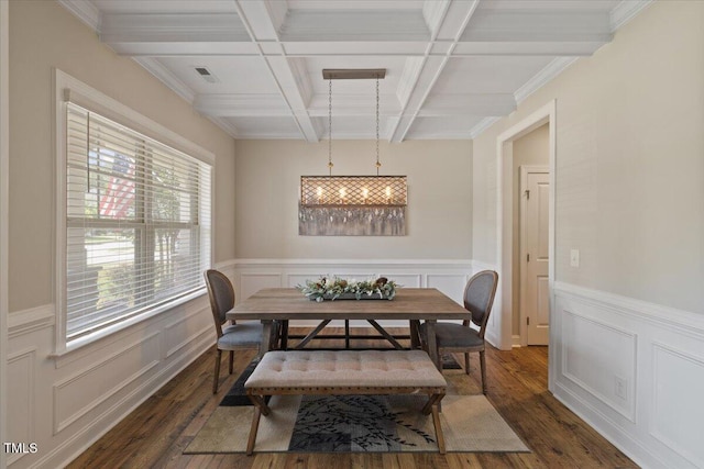 824 Stanly House St, Wake Forest, NC 27587 - dining space with dark wood finished floors, beamed ceiling, coffered ceiling, and wainscoting