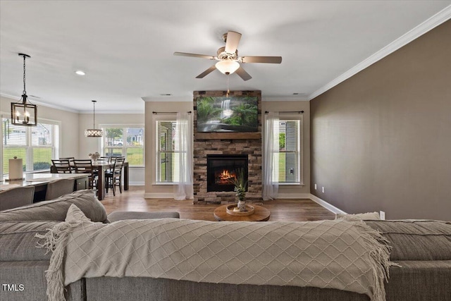 824 Stanly House St, Wake Forest, NC 27587 - living area featuring wood finished floors, a fireplace, ceiling fan, crown molding, and a chandelier