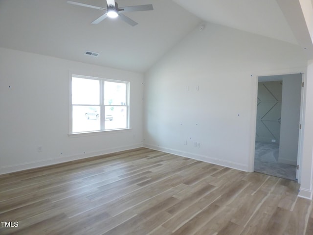 5610 Plain View Highway, Dunn, NC 28334 - unfurnished room featuring ceiling fan, high vaulted ceiling, and light wood-style flooring