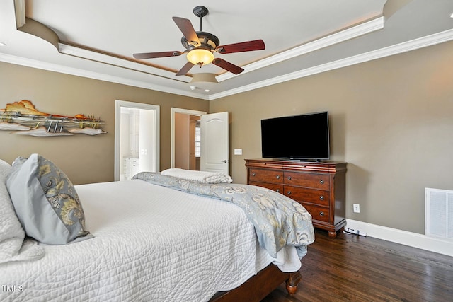 164 Avocet Ln, Clayton, NC 27520 - bedroom with a raised ceiling, crown molding, wood finished floors, ceiling fan, and connected bathroom