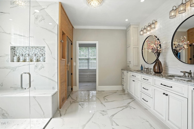 164 Avocet Ln, Clayton, NC 27520 - bathroom featuring crown molding, double vanity, a marble finish shower, recessed lighting, and marble finish floors