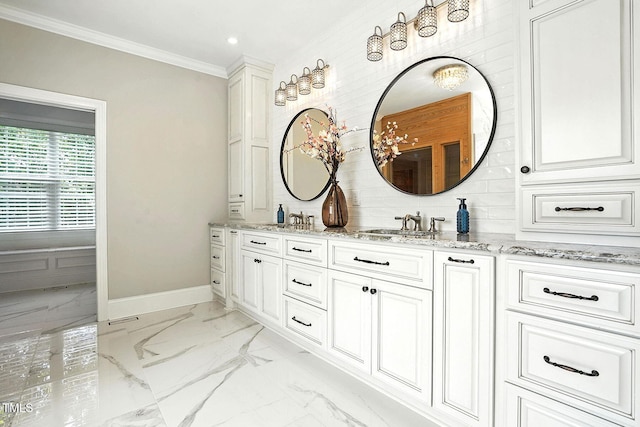 164 Avocet Ln, Clayton, NC 27520 - full bathroom featuring double vanity, marble look tiles, ornamental molding, and recessed lighting