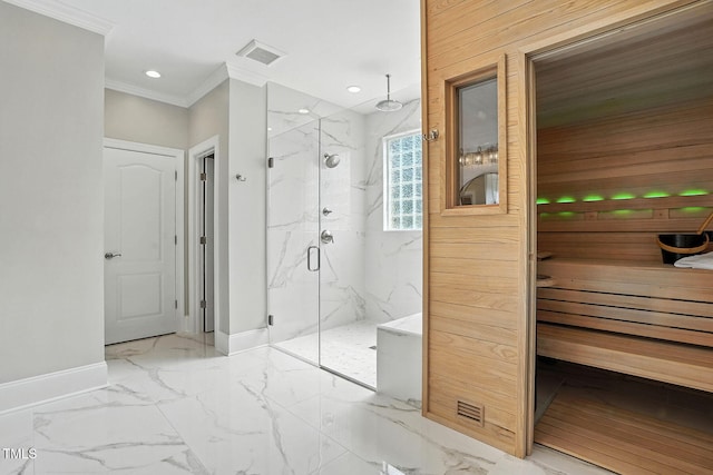 164 Avocet Ln, Clayton, NC 27520 - full bathroom featuring a sauna / steam room, a marble finish shower, crown molding, wood walls, and marble finish flooring