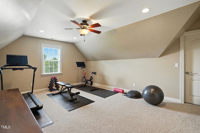 164 Avocet Ln, Clayton, NC 27520 - workout area with lofted ceiling, carpet, a ceiling fan, and recessed lighting