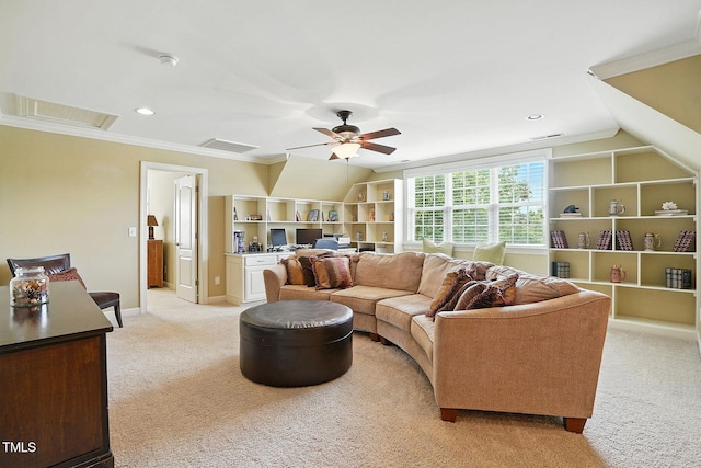 164 Avocet Ln, Clayton, NC 27520 - living room featuring light colored carpet, a ceiling fan, ornamental molding, built in shelves, and lofted ceiling