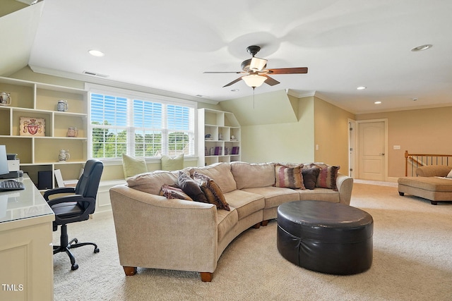 164 Avocet Ln, Clayton, NC 27520 - living area featuring light colored carpet, ceiling fan, crown molding, lofted ceiling, and recessed lighting