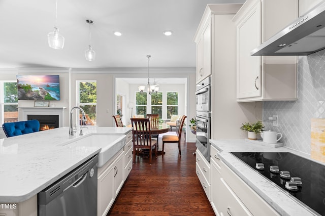 1321 White Spruce Dr, Willow Springs, NC 27592 - kitchen with under cabinet range hood, stainless steel appliances, dark wood-style flooring, a warm lit fireplace, and recessed lighting