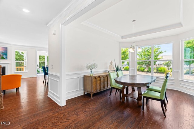 1321 White Spruce Dr, Willow Springs, NC 27592 - dining space with a raised ceiling, a chandelier, dark wood-style floors, crown molding, and a wainscoted wall