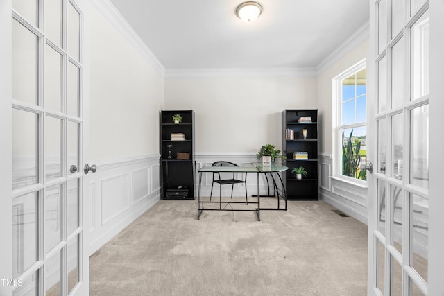 1321 White Spruce Dr, Willow Springs, NC 27592 - office area with ornamental molding, carpet floors, a decorative wall, and wainscoting