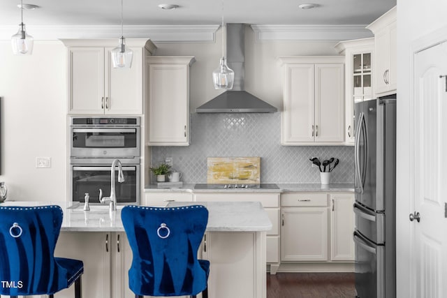 1321 White Spruce Dr, Willow Springs, NC 27592 - kitchen featuring stainless steel appliances, wall chimney exhaust hood, decorative backsplash, light stone countertops, and white cabinets