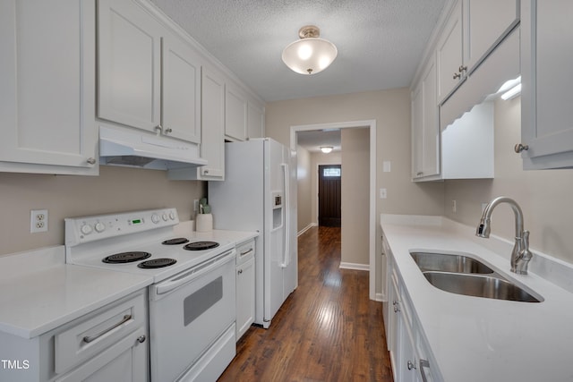 4140 Willow Haven Ct, Raleigh, NC 27616 - kitchen featuring white appliances, under cabinet range hood, dark wood finished floors, light countertops, and a textured ceiling