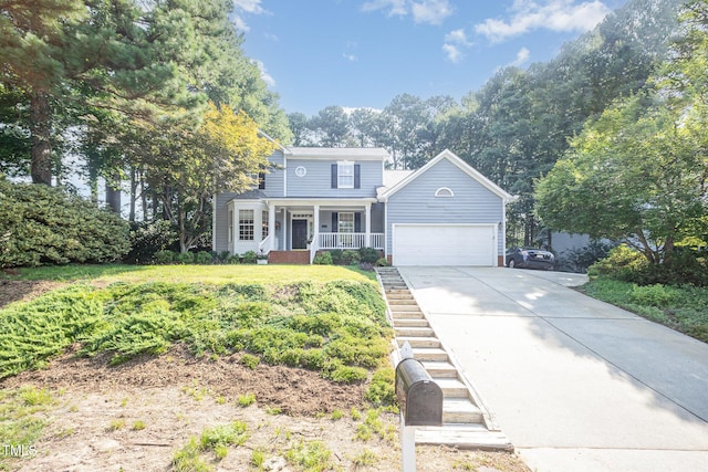 302 Caraway Ln, Cary, NC 27519 - traditional-style home featuring covered porch, driveway, a garage, and stairway