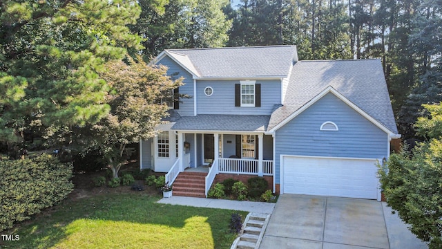 302 Caraway Ln, Cary, NC 27519 - traditional home featuring a porch, an attached garage, a shingled roof, concrete driveway, and a front lawn