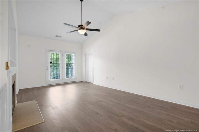 612 Marshtree Ln Unit 304, Fayetteville, NC 28314 - unfurnished living room with a ceiling fan, wood finished floors, a fireplace with flush hearth, and high vaulted ceiling