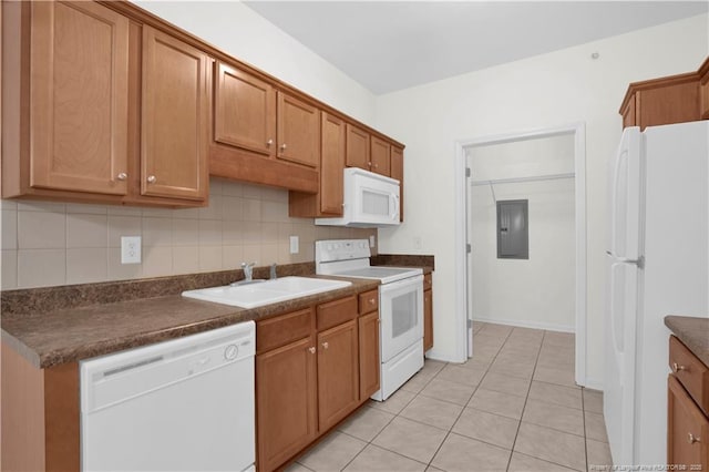 612 Marshtree Ln Unit 304, Fayetteville, NC 28314 - kitchen with white appliances, electric panel, dark countertops, brown cabinets, and tasteful backsplash