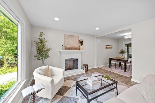 5721 Meadow Run, Knightdale, NC 27545 - living room featuring plenty of natural light, wood finished floors, a fireplace, and recessed lighting