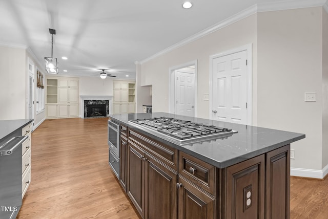 105 Bathgate Ln, Cary, NC 27513 - kitchen with appliances with stainless steel finishes, a ceiling fan, recessed lighting, light wood-type flooring, and a premium fireplace