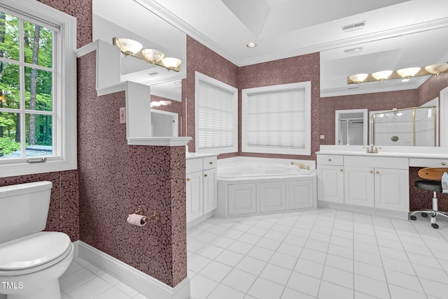 105 Bathgate Ln, Cary, NC 27513 - full bath with tile patterned floors, plenty of natural light, a bath, a stall shower, and wallpapered walls