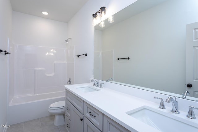 6069 Jones Cir, Sanford, NC 27332 - full bath featuring double vanity, tile patterned floors, and shower / bath combination