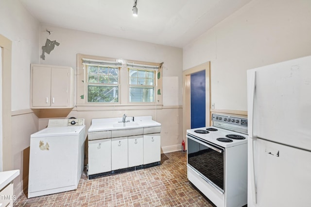 711 W Club Blvd, Durham, NC 27701 - kitchen with white appliances, washer / clothes dryer, light countertops, white cabinets, and brick patterned flooring