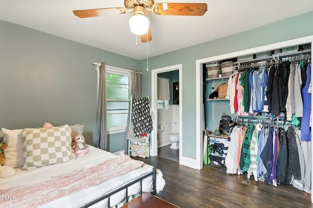 1015 S 1st St, Smithfield, NC 27577 - bedroom with wood finished floors, a closet, connected bathroom, and a ceiling fan