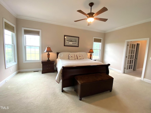 3011 Elk Rdg, Hurdle Mills, NC 27541 - bedroom with light colored carpet, crown molding, multiple windows, and ceiling fan