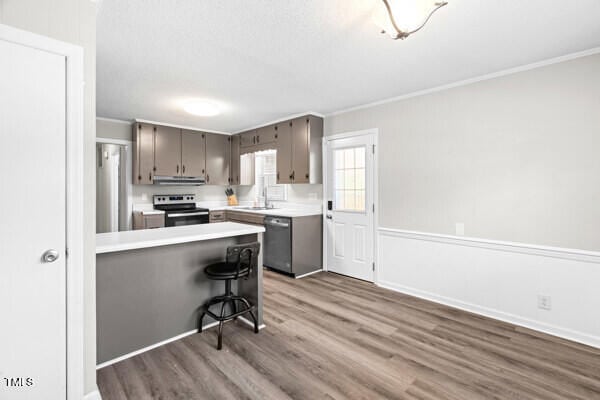 509 S Mckay Ave, Dunn, NC 28334 - kitchen with stainless steel appliances, wood finished floors, crown molding, a peninsula, and gray cabinets