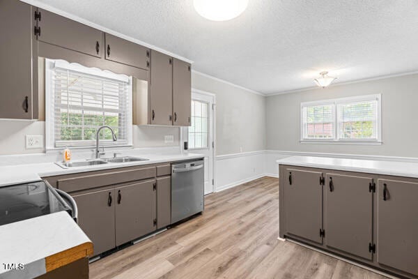 509 S Mckay Ave, Dunn, NC 28334 - kitchen featuring dishwasher, gray cabinetry, a textured ceiling, light wood-style floors, and crown molding