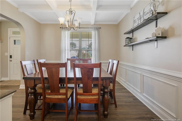 123 Sorrel Ct, Raeford, NC 28376 - dining room featuring arched walkways, beam ceiling, dark wood-style floors, a chandelier, and coffered ceiling