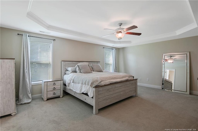 123 Sorrel Ct, Raeford, NC 28376 - bedroom with a tray ceiling, light carpet, ceiling fan, and ornamental molding