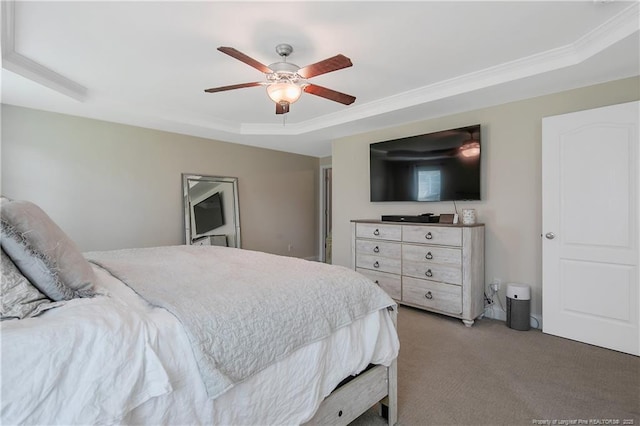 123 Sorrel Ct, Raeford, NC 28376 - carpeted bedroom with a raised ceiling, ornamental molding, and a ceiling fan