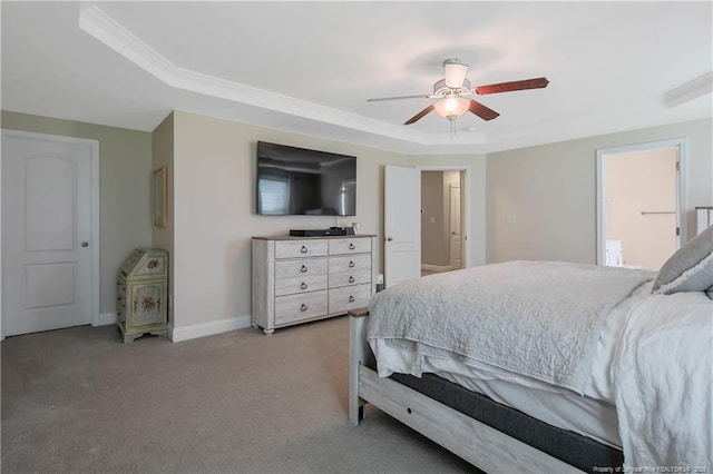 123 Sorrel Ct, Raeford, NC 28376 - bedroom featuring ornamental molding, light colored carpet, a ceiling fan, and a tray ceiling