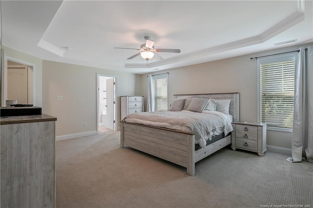 123 Sorrel Ct, Raeford, NC 28376 - bedroom with a raised ceiling, light colored carpet, ornamental molding, and ceiling fan