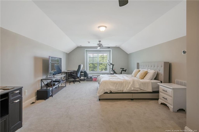 123 Sorrel Ct, Raeford, NC 28376 - bedroom with light colored carpet, vaulted ceiling, an office area, and ceiling fan